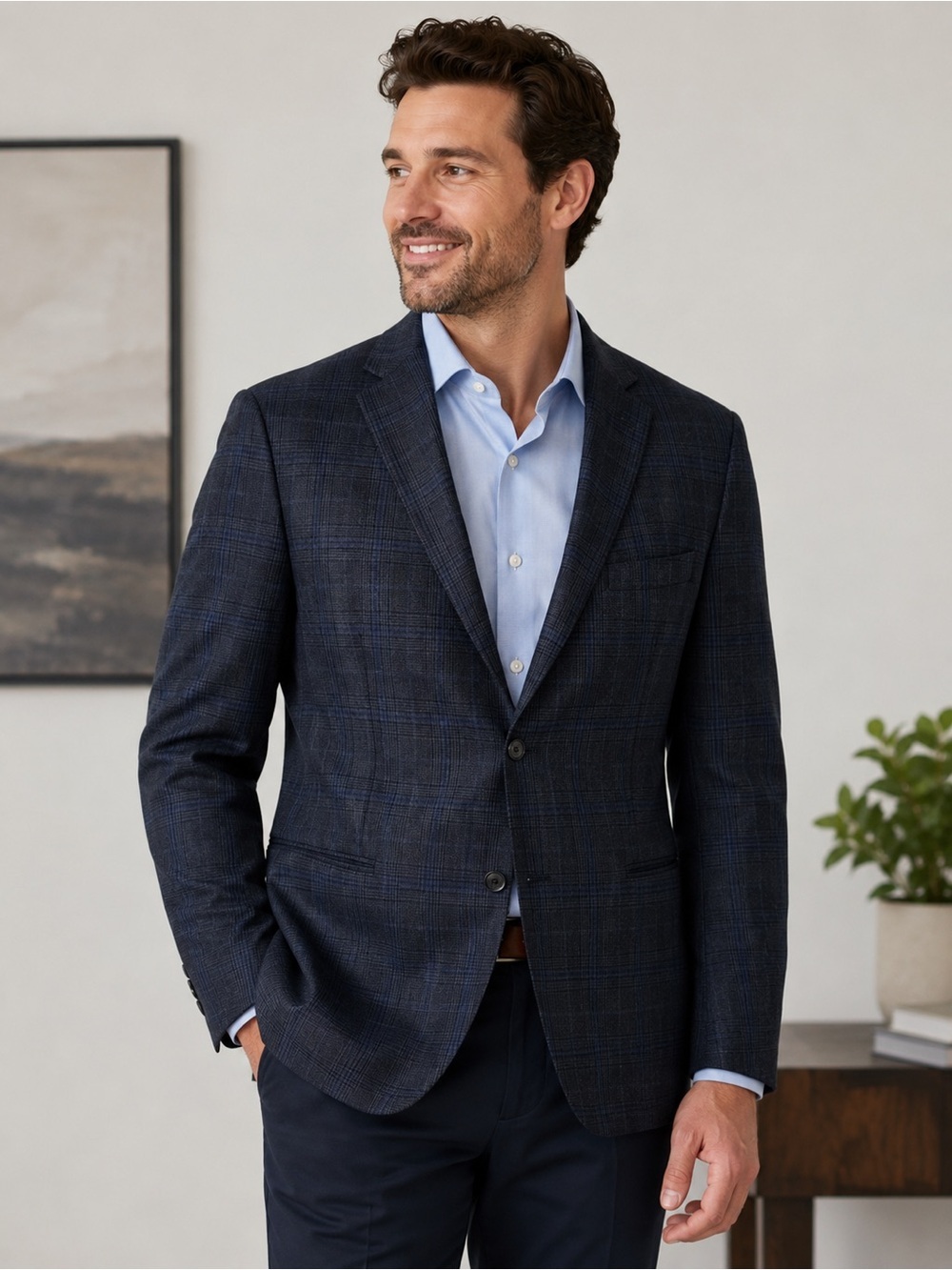 Lauren Ralph Lauren 46S Navy Blue Plaid Wool Sport Coat Blazer Men’s
